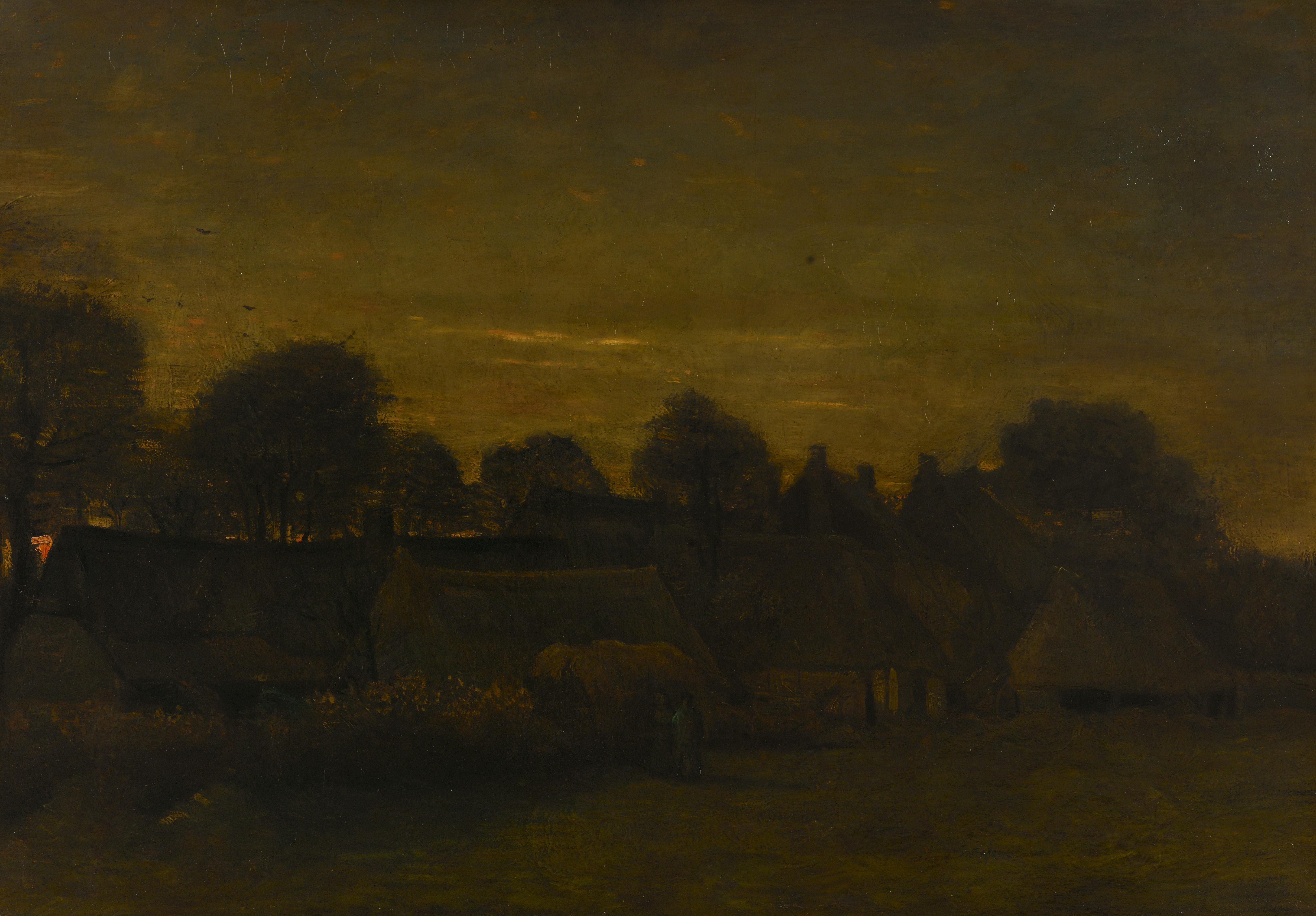 Painting of a farming village at twilight